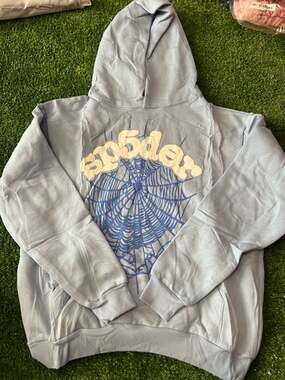 Sp5der Sky Blue Rhinestone Web Logo Hoodie
